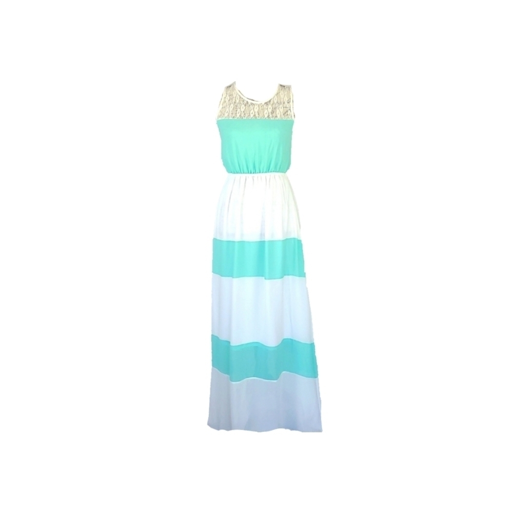 Y2K Vintage Maxi Dress Lace Bust White Turquoise Blue Color Block Dress - Picture 8 of 8